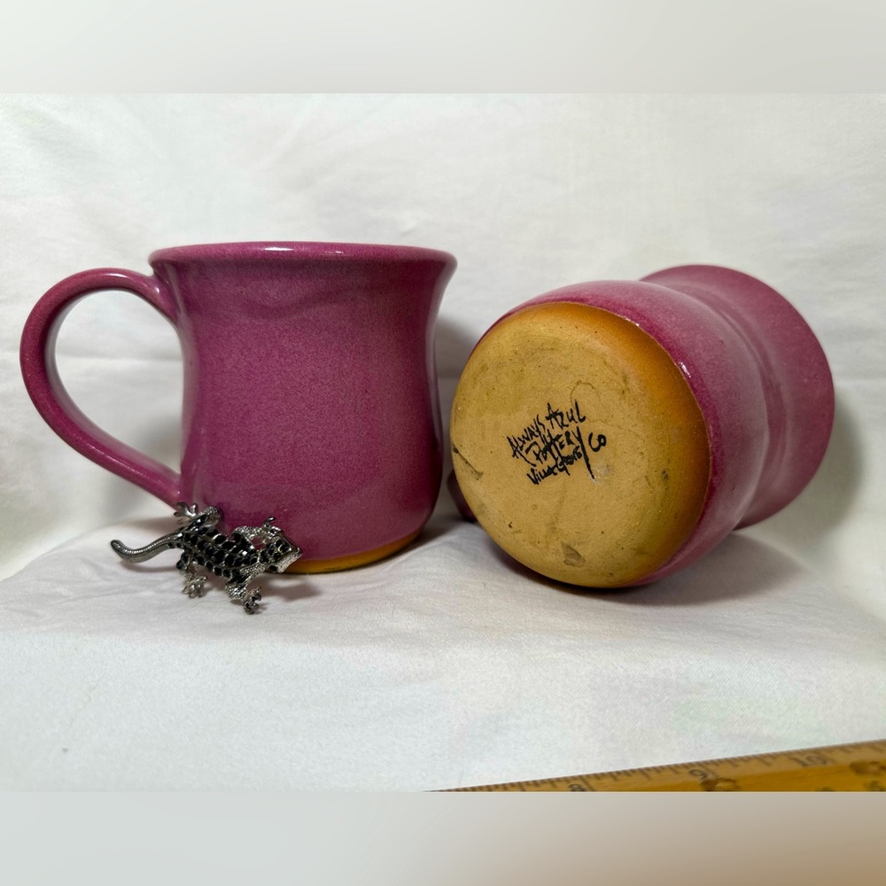 Always Azule pottery, pair of coffee mugs. Raspberry colored glaze.
